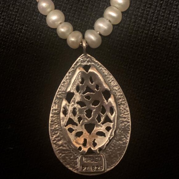 PAZ Sterling Silver & Freshwater Pearl Hammered & Scrolling Necklace in Israel - Picture 11 of 12